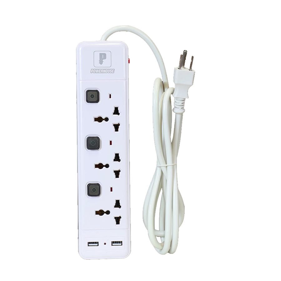 Powerhouse Universal Socket W/ USB Extension Cord With Individual Switch