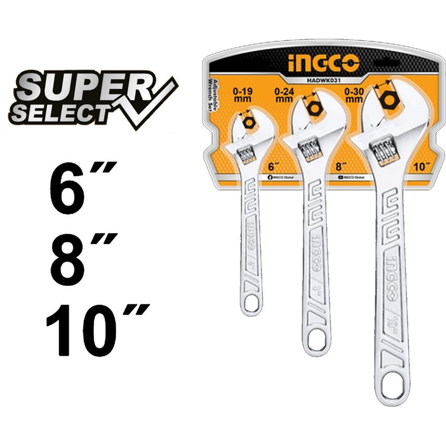 Ingco Ingco HADWK031 3pcs Adjustable Wrench Set [SS], General Hardware Wrenches — Southend Philippines