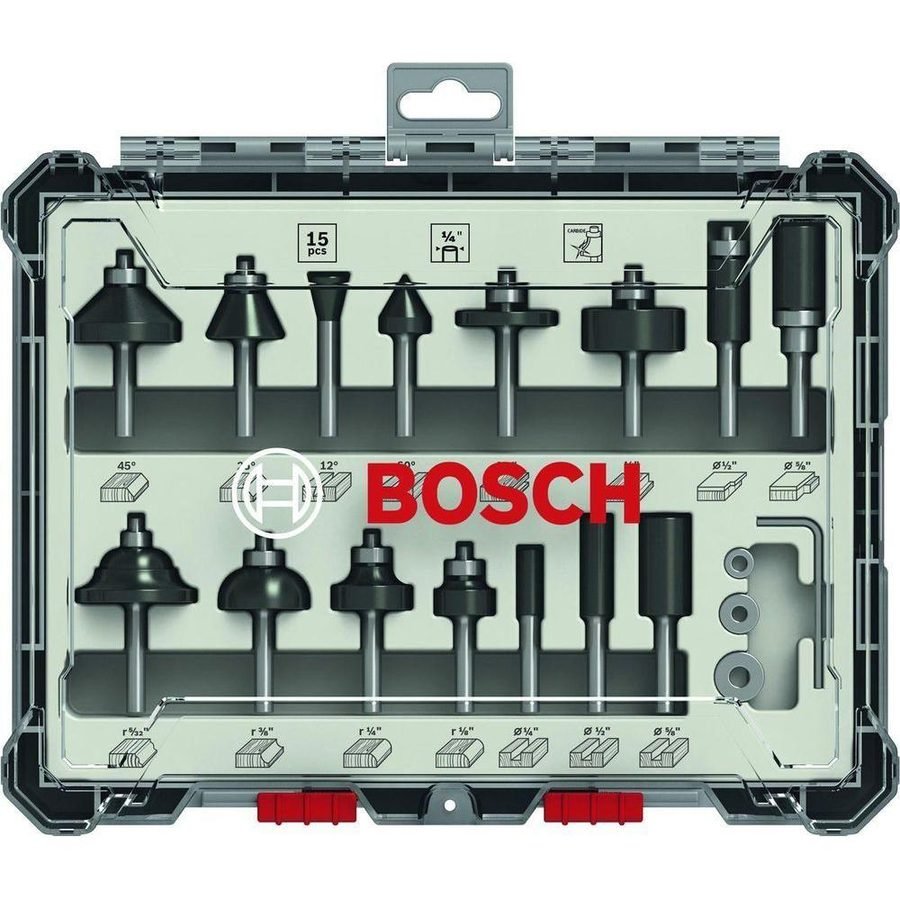 Bosch Bosch Router Bit Set 1/4" Shank (15pcs) [2607017473], Power Tools Routers & Planers — Southend Philippines