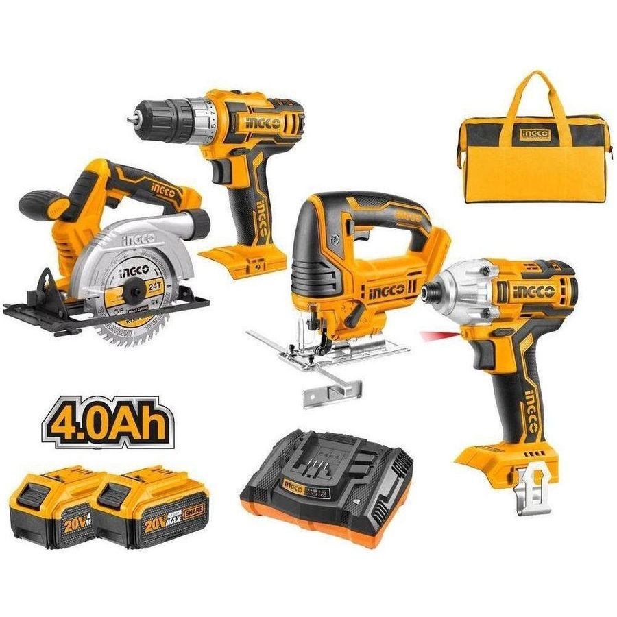 Ingco Ingco CKLI2010 20V Li-Ion Cordless 4pcs Combo Kit Drill, Driver, JIgsaw,, Power Tools Drills & Drivers — Southend Phili