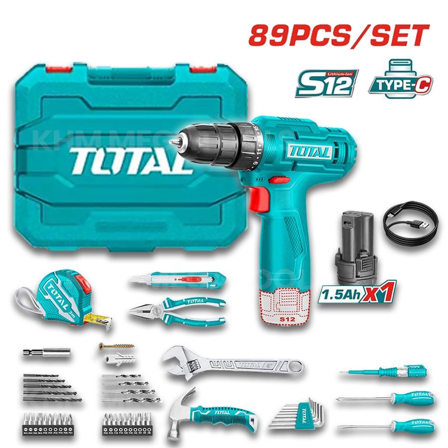 Total Total THKTHP10892 89 Pcs Tool Set With Cordless Drill 12V, Power Tools Drills & Drivers — Southend Philippines